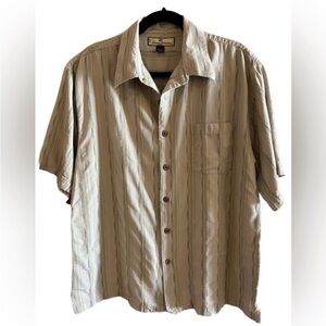 Tommy Bahama 100% silk khaki with blue and yellow stripes-short sleeve s…